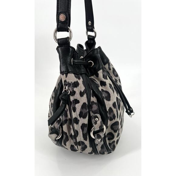 TIGNANELLO Vintage Leopard Suede Leather Drawstring Bucket Purse Bag + Keychain - Picture 4 of 15